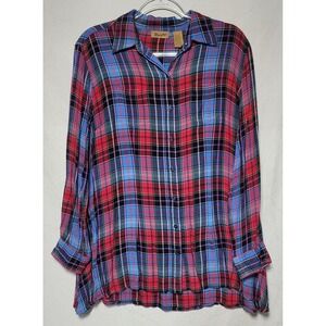 Wrangler Womens Red Blue Plaid Rayon Button Down Long Sleeve Shirt LW3072M Large